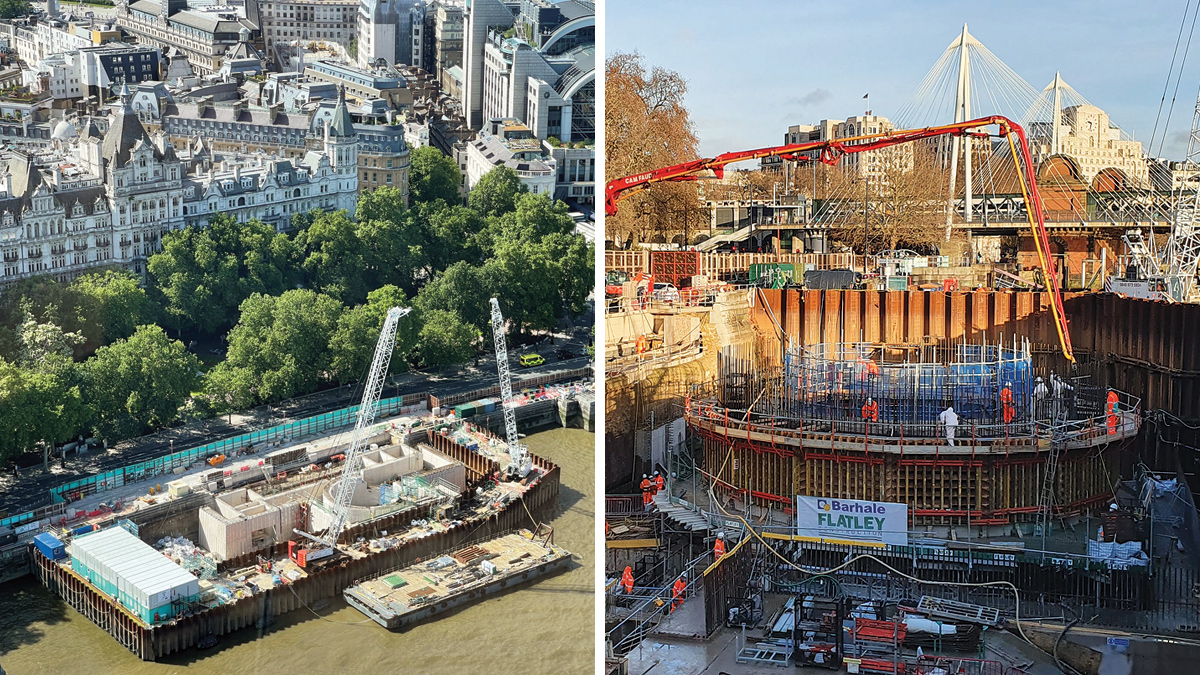 (left) Works within the cofferdam in the Thames and (right) works ongoing within the cofferdam - Courtesy of Barhale