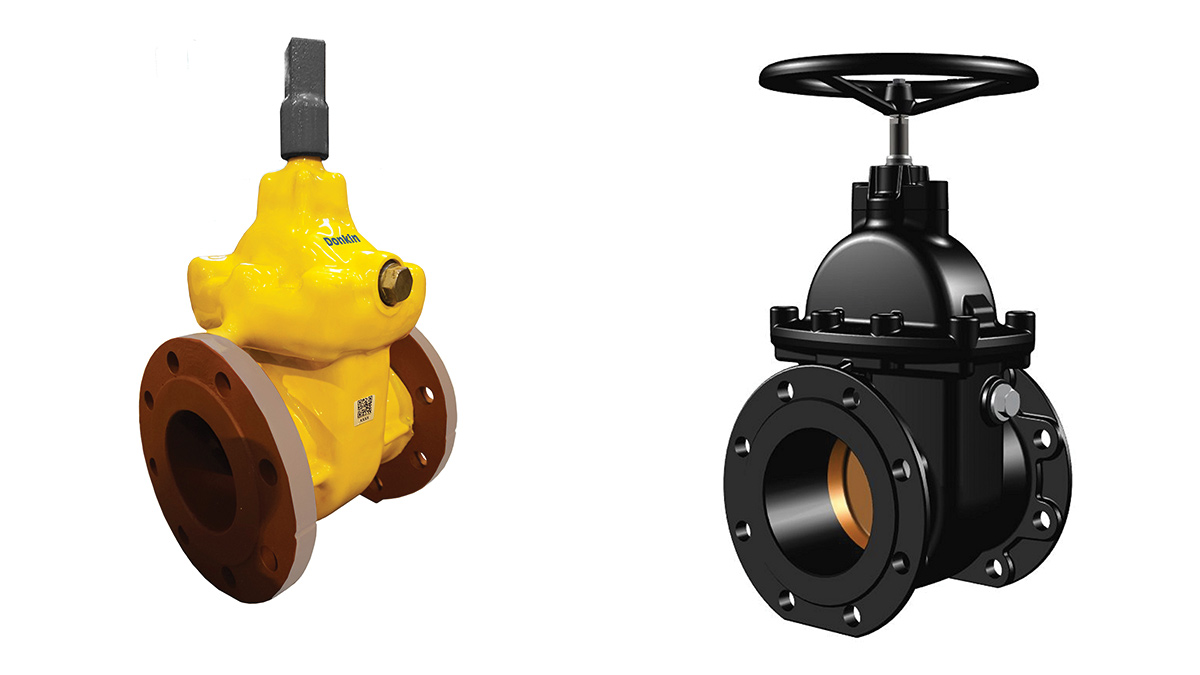 (left) An AVK Donkin Softseal steel gate valve, PUR coated, flanged ends, for gas and (right) An AVK Donkin Softseal gate valve, Firesafe for gas