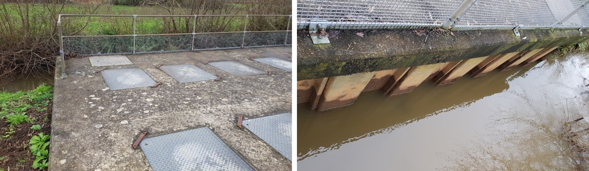 (left) Concrete slab on top of the sheet-pile pump and valve enclosure and (right) sheet-pile walls that make up the pump enclosure