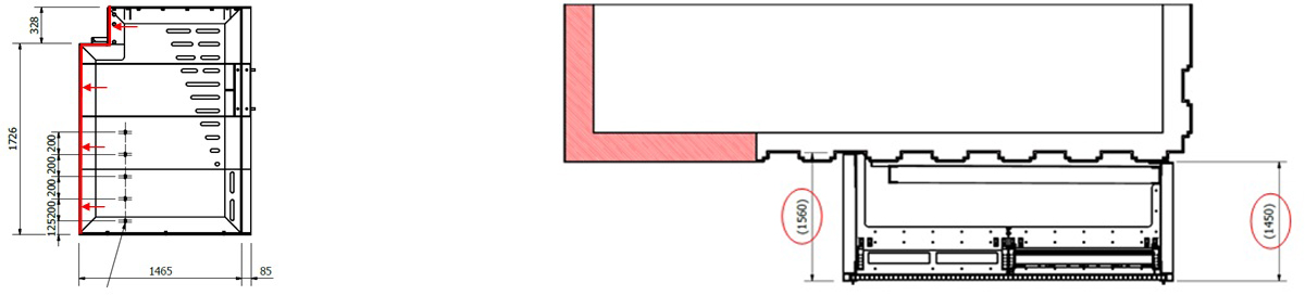 (left) Intake box side drawing and (right) plan drawing showing new intake box attached to existing sheet-pile structure
