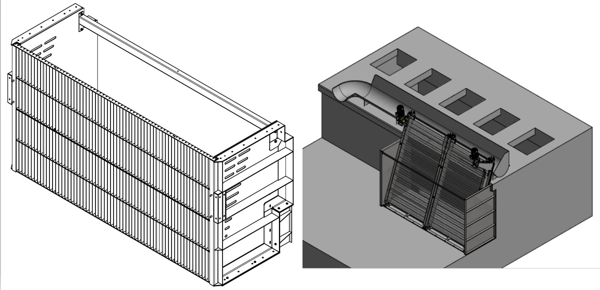 (left) Drawing of intake box with course bar screen attached to upstream face and (right) drawing showing GoFlo screens, debris trough and intake box attached to existing structure