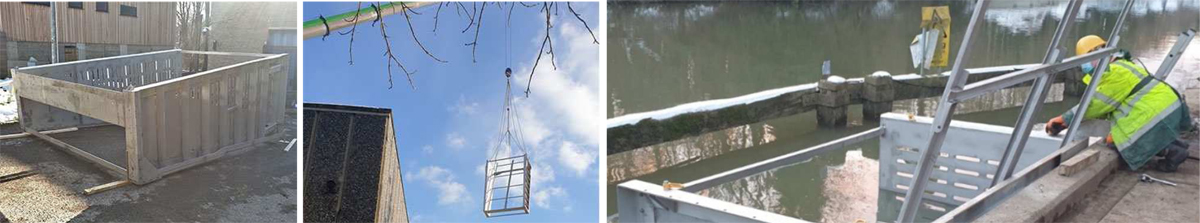 (left) The fully assembled intake box, (middle) lifting the assembled intake box into the intake with a 60-tonne crane, and (right) the assembled intake box was attached to the concrete structure by divers which took several days