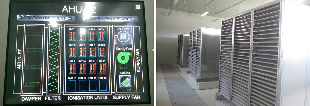(left) HMI/PLC control system and (right) three Terminodour AHU’s mounted above ground