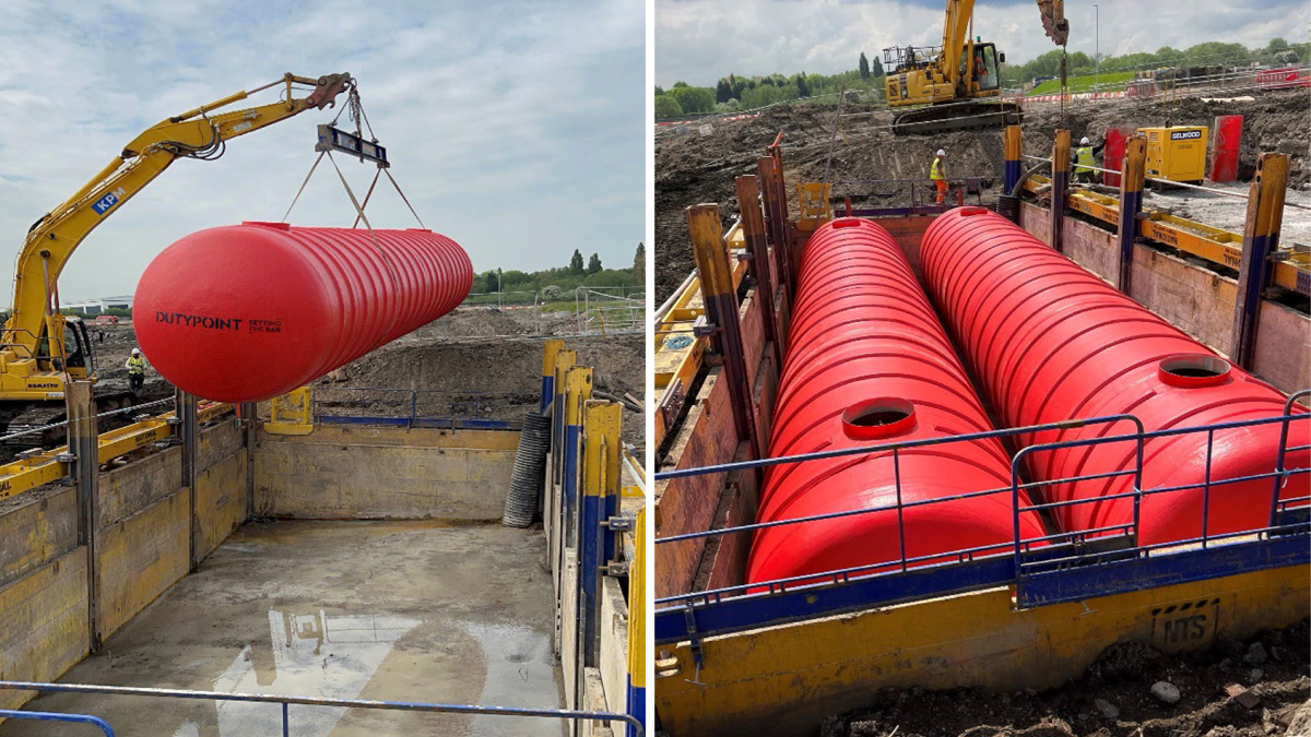 (left) First tank being lifted into the open excavation and (right) twin tank Slide Rail excavation 20m x 15m x 4.5m - Courtesy of NTS UK Ltd