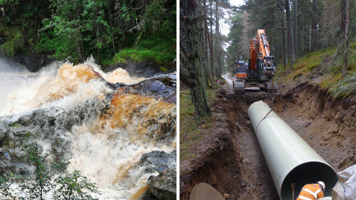 (left) The River Muick - Courtesy of GPHL Ltd, and (right) pipe laying - Courtesy of Gilkes Energy