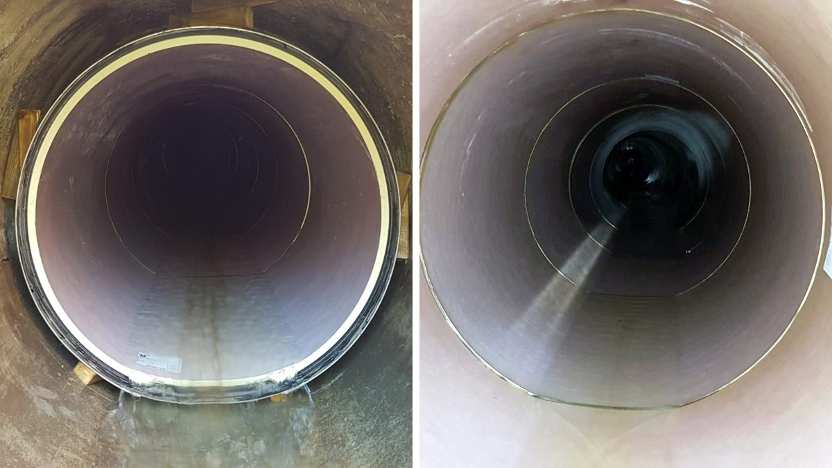 (left) GRP pipe installation and (right) the completed relining - Courtesy of MDA Ltd