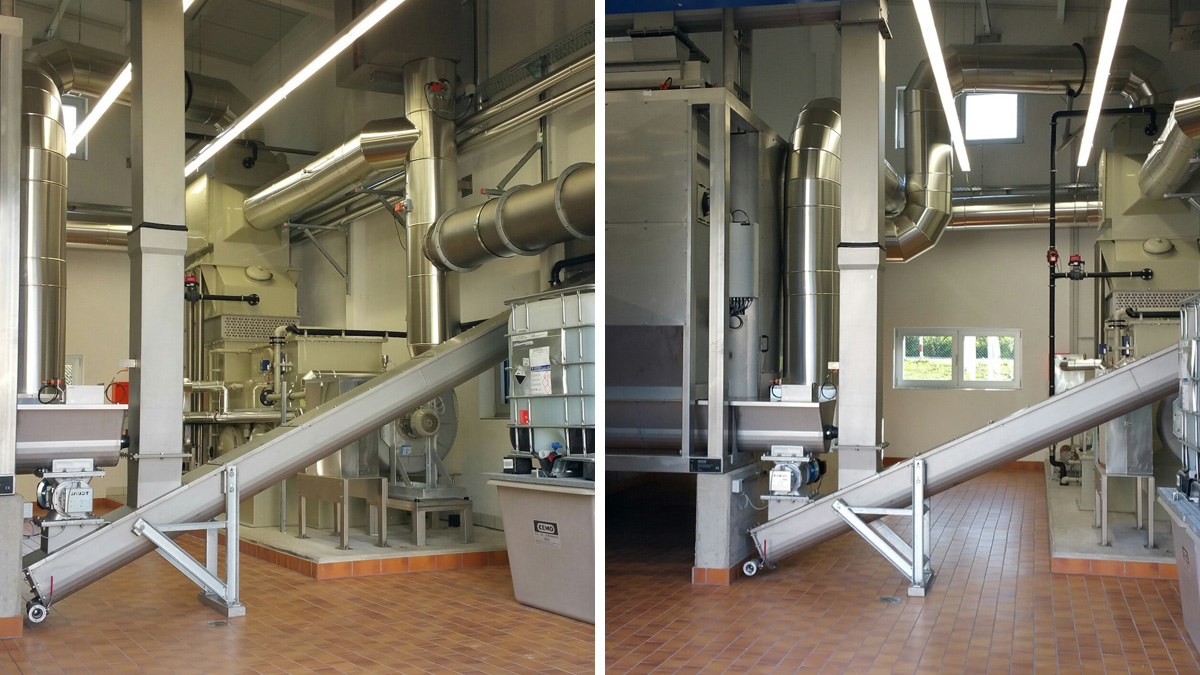 (left) photo showing the heat recovery and acid scrubber and (right) belt dryer stainless steel construction – Courtesy of Eliquo Stulz